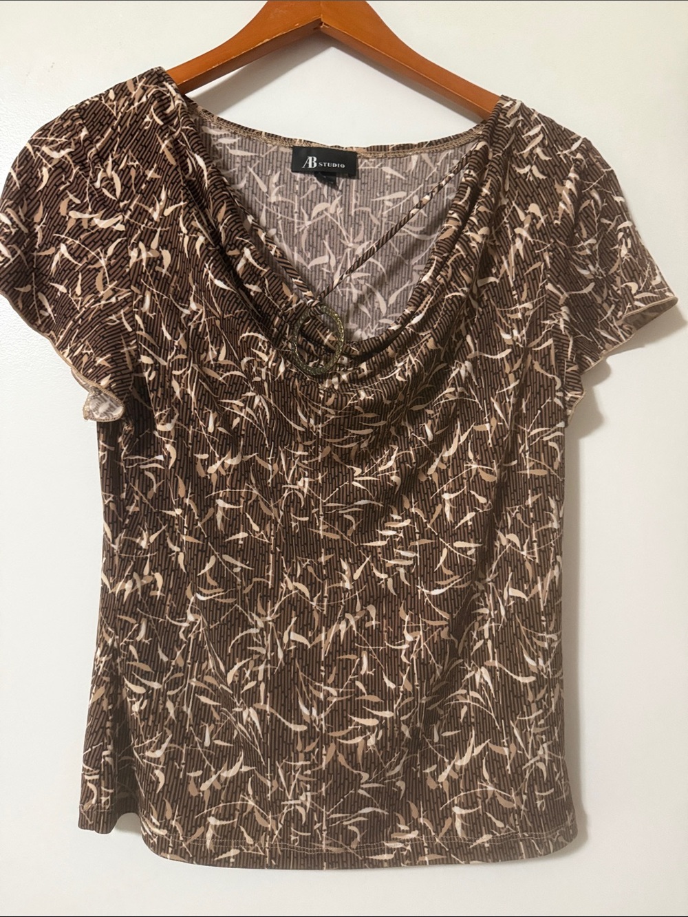 AB Studio Brown & Cream Printed Cowl Neck Short Sleeve Top with pendant.